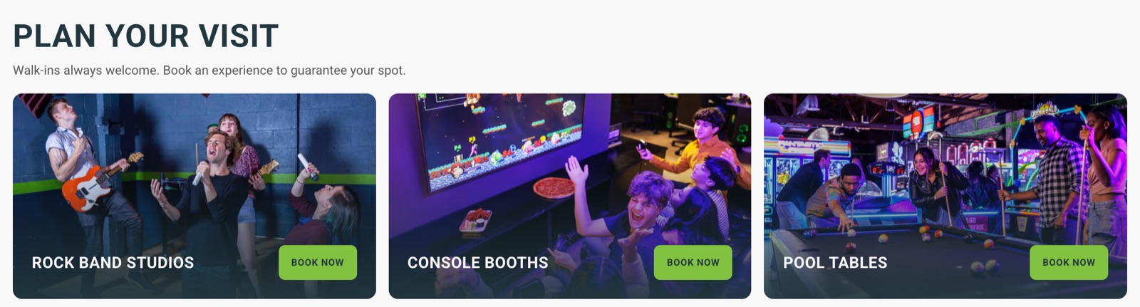 Ignite Arcade booking cards, one per experience