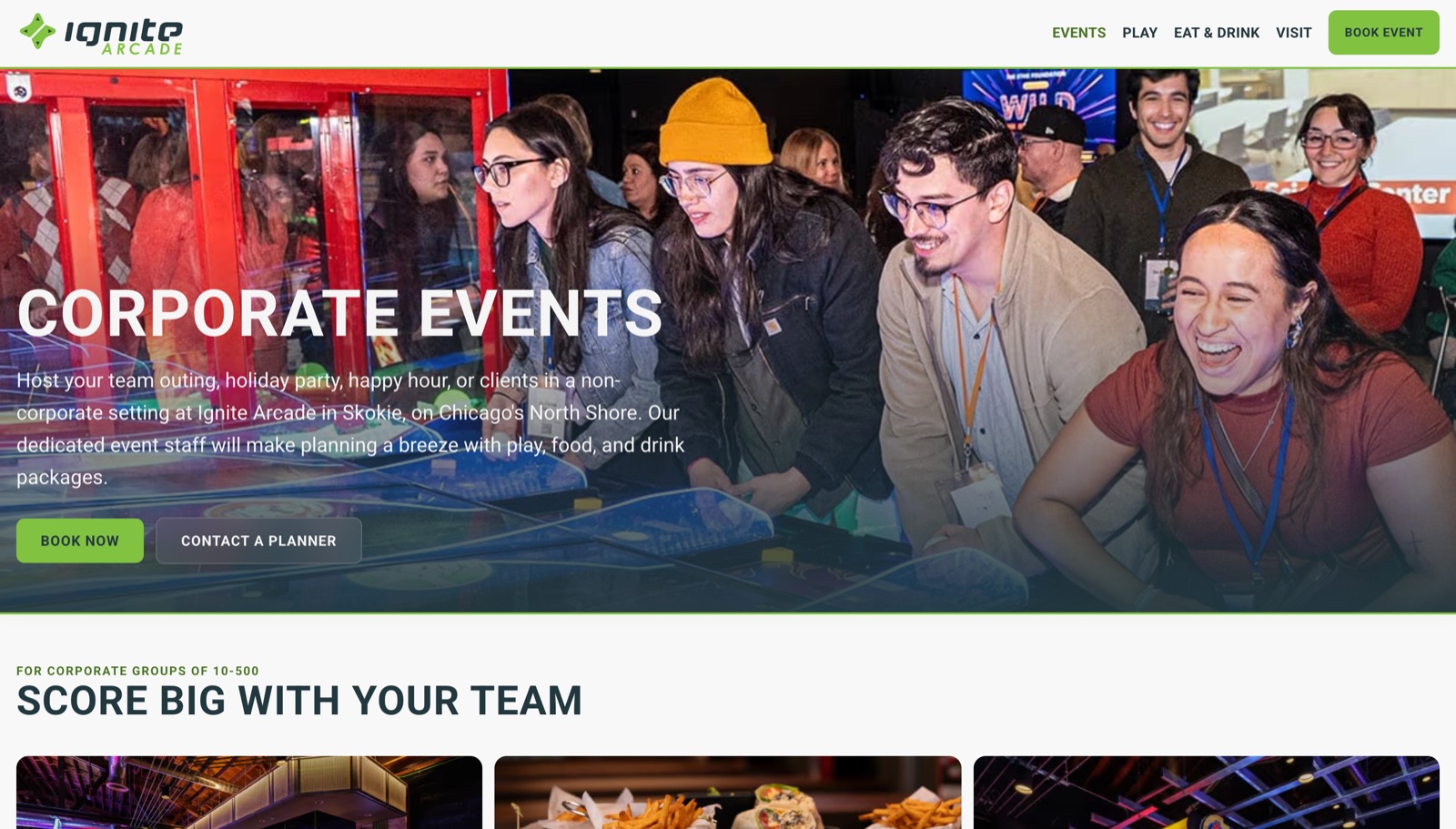 Ignite Arcade corporate events page