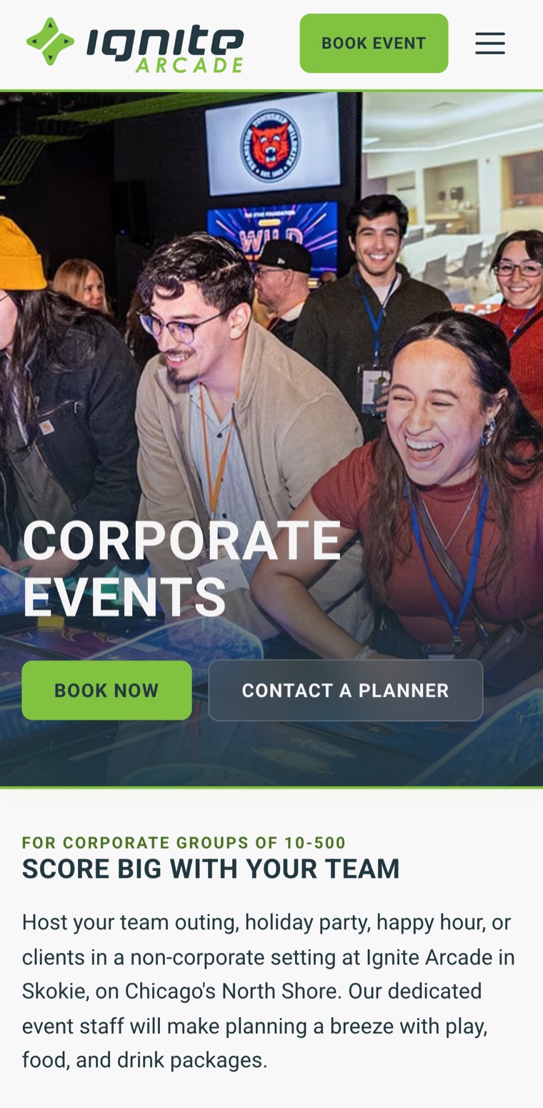 Ignite Arcade corporate events page on a phone